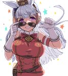  1girl animal_ears badluck2033 bare_shoulders blush breasts dress ear_covers gloves gold_ship_(umamusume) holding holding_removed_eyewear horse_ears horse_girl large_breasts long_hair pillbox_hat purple_eyes red_dress smile solo star_(symbol) sunglasses umamusume unworn_eyewear upper_body white_gloves white_hair 