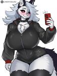 absurd_res anthro big_breasts blush breasts canid canid_demon canine cellphone cherifokkusu clothed clothing collar demon digital_media_(artwork) electronics female fur hair hellhound helluva_boss hi_res holding_cellphone holding_object holding_phone holding_smartphone jacket legwear looking_at_viewer loona_(helluva_boss) mammal mythological_canine mythological_creature mythology phone red_sclera selfie simple_background smartphone solo spiked_collar spikes stockings thick_thighs topwear tuft white_body white_fur wide_hips zipper