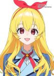  1girl aikatsu! aikatsu!_(series) blonde_hair dated eyelashes hair_between_eyes hairband highres hoshimiya_ichigo long_hair looking_at_viewer mokyutan open_mouth red_eyes red_hairband red_ribbon ribbon school_uniform sidelocks simple_background solo star_(symbol) starlight_academy_school_uniform twitter_username upper_body white_background 