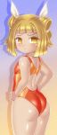  1girl ass blonde_hair blunt_bangs competition_swimsuit double_bun from_behind gradient_background hair_bun hands_on_own_hips highres joutouguu_mayumi looking_at_viewer looking_back one-piece_swimsuit orange_one-piece_swimsuit short_hair solo swimsuit touhou two-tone_swimsuit winn yellow_eyes 