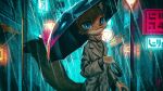 2022 absurd_res anthro blaedic blue_eyes cheek_tuft clothed clothing coat detailed_background digital_media_(artwork) digital_painting_(artwork) facial_tuft front_view fully_clothed hi_res holding_object holding_umbrella isaac_(mitaro900) looking_at_viewer male male_anthro mammal mustelid musteline neon_sign outside portrait raining sign solo standing stoat street_lamp three-quarter_portrait topwear trenchcoat true_musteline tuft umbrella weasel whiskers