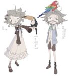  1other animal bird black_socks blue_jacket brown_footwear brown_shorts chinese_text dress frilled_dress frills grey_hair heterochromia highres jacket looking_at_another meyou_0319 original parrot shorts socks toucan white_background 