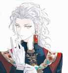  1boy absurdres alternate_costume collared_shirt earrings edmond_dantes_(fate) elaine-didaea fate/grand_order fate_(series) formal gloves highres jewelry long_hair long_sleeves male_focus shirt simple_background solo wavy_hair white_background white_hair yellow_eyes 