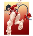  1girl :d animal_ears ass bare_legs barefoot bell black_hair blue_eyes blush border bow box cat_ears cat_girl cat_tail christmas eiji_(eiji) feet fingernails floating foot_focus foreshortening from_behind full_body fur-trimmed_jacket fur_trim gift gift_box gradient_background highres jacket jingle_bell legs leotard long_sleeves looking_at_viewer looking_back nail_polish open_mouth original outside_border panties red_background red_bow red_jacket red_leotard red_nails red_panties ribbon short_hair smile soles solo tail tail_bell tail_bow tail_ornament tail_ribbon toenail_polish toenails toes underwear white_border yellow_background 