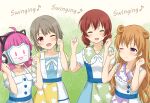  4girls ;d animal_ear_headphones animal_ears blunt_bangs blunt_ends bob_cut brown_hair closed_eyes collarbone collared_dress covered_face dress emma_verde fake_animal_ears floral_print_dress grass grey_hair hands_up headphones highres konoe_kanata long_hair love_live! love_live!_nijigasaki_high_school_idol_club mask medium_hair multicolored_clothes multicolored_dress multiple_girls nakasu_kasumi off-shoulder_dress off_shoulder one_eye_closed open_mouth pink_hair puffy_short_sleeves puffy_sleeves purple_eyes qu4rtz_(love_live!) red_eyes rina-chan_board short_hair short_sleeves sleeveless sleeveless_dress smile swinging!_(love_live!) tennoji_rina wavy_hair white_dress yutuki_ame 