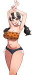  1girl :d \||/ absurdres armpits arms_up belly black_eyes black_hair blue_shorts breasts cleavage collarbone cowboy_shot dot_nose dungeon_meshi english_commentary hands_up heart highres horns inutade kiritzugu legs_together looking_to_the_side low_twintails micro_shorts mole mole_under_eye navel open_mouth shorts simple_background skin-covered_horns smile solo teeth thick_eyebrows thighs twintails upper_teeth_only white_background 
