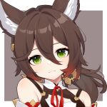  1girl animal_ear_fluff animal_ears bare_shoulders brown_background brown_hair collared_dress colored_tips detached_sleeves dress floating_hair fox_ears fox_girl gold_trim green_eyes hair_between_eyes hair_intakes hair_ornament head_tilt highres honkai:_star_rail honkai_(series) light_smile long_hair looking_at_viewer low_ponytail multicolored_hair neck_ribbon outside_border portrait red_ribbon ribbon ruochi_lk simple_background tingyun_(honkai:_star_rail) two-tone_background white_background white_dress 