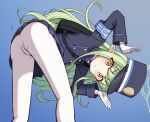  1girl armband ass bent_over blue_archive blue_armband blue_background blush clothes_lift commentary_request gloves green_hair halo hat highlander_sidelocks_conductor_(blue_archive) highres jacket long_hair looking_at_viewer paid_reward_available pantyhose peaked_cap poikuru pointy_ears sidelocks simple_background skirt skirt_lift solo train_conductor white_gloves white_pantyhose yellow_eyes 