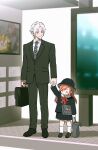  1boy 1girl =_= ad aged_down arm_at_side arm_up bag black_footwear black_hat black_jacket black_pants black_skirt black_suit blue_necktie bow bowtie briefcase brown_eyes child chinese_commentary closed_eyes collared_shirt commentary_request day father_and_daughter final_fantasy final_fantasy_xiv full_body g&#039;raha_tia hair_ribbon hat height_difference highres holding holding_bag holding_briefcase holding_hands hyur jacket kindergarten_uniform kneehighs loafers long_hair long_sleeves neck_tattoo necktie open_mouth orange_hair outdoors pants red_bow red_bowtie ribbon ryne_waters school_bag school_hat shirt shoes short_hair skirt smile socks standing suit swept_bangs tattoo thancred_waters white_hair white_shirt white_socks wuliu_heihuo 
