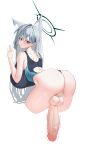  1girl absurdres against_wall animal_ear_fluff animal_ears ass back_cutout blue_archive breasts clothing_cutout cropped_legs cross_hair_ornament erection full-package_futanari futanari grey_hair hair_ornament halo highres huge_breasts huge_penis invisible_wall large_testicles looking_back open_mouth penis pussy shiroko_(blue_archive) shiroko_(swimsuit)_(blue_archive) shiroko_terror_(blue_archive) simple_background simsim_han-u solo testicles twitching_penis two-tone_one-piece_swimsuit uncensored veins veiny_penis white_background wolf_ears 