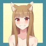  1girl animal_ear_fluff animal_ears aqua_border bare_shoulders blunt_bangs blush border bright_pupils brown_hair close-up collarbone commentary eyelashes fangs grin happy holo long_hair looking_at_viewer red_eyes sidelocks simple_background smile solo spice_and_wolf straight_hair tsurime umibato wolf_ears wolf_girl yellow_background 