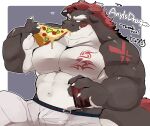 1boy artist_request bara belt commission cowboy_shot dragon_(any) dragon_boy dragon_ears dragon_horns eating facial_hair food furry furry_male goatee highres horns huge_eyebrows large_pectorals licking_lips male_focus mature_male muscular muscular_male no_nipples original pants pectorals pizza pizza_slice plump red_hair red_horns scar second-party_source skeb_commission solo strongman_waist thick_eyebrows tongue tongue_out topless_male tsurime tusks 