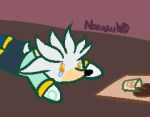 anthro bodily_fluids chibi coffee_cup container crying cup emotional_damage low_res male meme nokamiwd sega silver_the_hedgehog simple_background solo sonic_the_hedgehog_(series) spilled_drink tears tears_of_pain