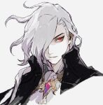  1boy collared_jacket collared_shirt edmond_dantes_(fate) elaine-didaea facing_viewer fate/grand_order fate_(series) grey_hair hair_over_one_eye highres jacket looking_to_the_side male_focus red_eyes shirt simple_background smile solo the_count_of_monte_cristo_(fate) white_background 