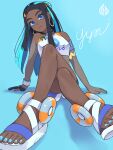  1girl black_gloves black_hair blue_background blue_eyes blue_eyeshadow blue_hair blue_nails commentary_request crop_top crossed_legs dark-skinned_female dark_skin eyelashes eyeshadow gloves highres long_hair looking_at_viewer makeup multicolored_hair nessa_(pokemon) pokemon pokemon_swsh shadow signature sitting smile solo streaked_hair toeless_footwear toes touge_moe two-tone_hair 