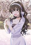  1girl alternate_costume ashigara_(kancolle) brown_eyes brown_hair cherry_blossoms choker commentary_request cowboy_shot dress fang flower hairband highres kantai_collection long_hair open_mouth orikoshi_shino smile solo tree wavy_hair white_dress white_hairband 