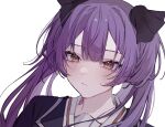  1girl :/ black_bow blazer blue_jacket blush bow closed_mouth commentary_request dot_nose expressionless hair_bow highres jacket long_hair nekoashi_tsubomi orange_eyes portrait purple_hair simple_background solo tot_oxo twintails two_side_up white_background world_dai_star 
