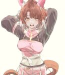  1girl :d absurdres animal_ears arms_up blush breasts brown_eyes brown_hair commentary_request dantsu_flame_(umamusume) ear_covers hair_ribbon highres horse_ears horse_girl large_breasts looking_at_viewer midriff multicolored_hair navel nurunuru0801 pantyhose pink_shorts ponytail ribbon short_hair shorts smile solo streaked_hair sweater umamusume white_background 