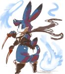 anthro armor atlyss cheek_tuft clothed clothing dipstick_ears facial_tuft female fur head_tuft kiseff lagomorph mammal multicolored_ears purple_body purple_fur simple_background solo tagme tail tuft weapon white_background