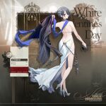  1girl artist_request back bangs bare_back bare_legs bare_shoulders black_nails blazer blue_eyes blue_scarf character_name chinese_text copyright_name cross dress earrings eyebrows_visible_through_hair flower full_body girls&#039;_frontline grey_hair gun hair_flower hair_ornament handgun happy_valentine high_heels highres holding holding_clothes holding_gun holding_jacket holding_weapon jacket jewelry legs looking_at_viewer looking_back nail_polish official_alternate_costume official_art open_mouth p22_(girls&#039;_frontline) p22_(waltz_of_fantasy)_(girls&#039;_frontline) parted_lips pistol promotional_art scarf short_hair sig_sauer_p228 silver_shoes simple_background smile solo standing teeth thighs valentine weapon wedding_dress white_dress 