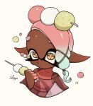  1girl artist_name blue_hair closed_mouth colored_eyelashes colored_tips commentary_request cropped_torso dango dark-skinned_female dark_skin earrings eyelashes food food-themed_earrings food_on_head frye_(splatoon) highres holding holding_stick inkling jewelry long_hair long_pointy_ears multicolored_hair object_on_head pink_hair pointy_ears shogo_(shogo70449442) simple_background solo splatoon_(series) splatoon_3 star-shaped_pupils star_(symbol) stick symbol-shaped_pupils tentacle_hair upper_body wagashi white_background yellow_eyes 