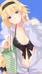  1girl adjusting_hair bag bikini black_bow black_hairband blonde_hair blue_eyes blue_jacket blush bow braid breasts fate/grand_order fate_(series) front-tie_bikini_top front-tie_top hair_bow hairband hood hooded_jacket jacket jeanne_d&#039;arc_(fate) jeanne_d&#039;arc_(swimsuit_archer)_(fate) jeanne_d&#039;arc_(swimsuit_archer)_(first_ascension)_(fate) long_braid long_hair looking_at_viewer medium_breasts off_shoulder partially_unzipped shoulder_bag single_braid sky solo stomach swimsuit upper_body yugi_(kakuriki) 