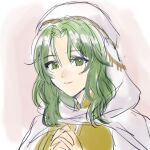  1girl commentary fire_emblem fire_emblem:_thracia_776 green_eyes green_hair hazuki_(nyorosuke) hood interlocked_fingers long_hair looking_at_viewer own_hands_together portrait safy_(fire_emblem) smile solo 