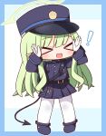  ! &gt;_&lt; 1girl :d black_skirt blue_archive blue_background blue_border blue_footwear blue_hat blue_jacket blush border chibi closed_eyes demon_tail facing_viewer full_body gloves green_hair halo hana_kazari hands_up hat highlander_sidelocks_conductor_(blue_archive) highres jacket long_hair pantyhose peaked_cap pleated_skirt pointy_ears shoes skirt smile solo standing tail two-tone_background very_long_hair white_background white_gloves white_pantyhose xd 
