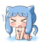  &gt;_&lt; 1girl :o all_fours animal_ears bangs blue_hair blue_slime blush breasts cat_ears cat_girl cat_tail chibi closed_eyes collarbone convenient_censoring eyebrows_visible_through_hair facing_viewer full_body half_slime-chan hana_kazari kemonomimi_mode long_hair monster_girl nude open_mouth original slime_girl small_breasts solo tail translated v-shaped_eyebrows white_background 