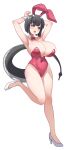  1girl absurdres aillie_(vtuber) animal_ears aningay armpits arms_behind_head arms_up bare_shoulders black_hair breasts fake_animal_ears full_body high_heels highres indie_virtual_youtuber large_breasts leotard playboy_bunny rabbit_ears red_eyes red_leotard shoes short_hair simple_background solo standing standing_on_one_leg strapless strapless_leotard tail virtual_youtuber white_background white_footwear wrist_cuffs 
