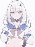  alternate_costume bow breasts choker collarbone dress fate/grand_order fate_(series) forked_eyebrows highres i10_ksw light_blush long_hair long_sleeves looking_at_viewer melusine_(fate) midriff navel open_mouth sidelocks small_breasts solo white_dress white_hair yellow_eyes 