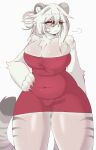 anthro big_breasts bodily_fluids breasts bulge clothed clothing dress felid female front_view fur hachikxma hair hi_res mammal pantherine slightly_chubby solo sweat sweatdrop thick_thighs tiger tight_clothing white_body white_fur white_hair