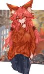  1girl absurdres alternate_costume animal_ear_fluff animal_ears breasts denim fate/grand_order fate_(series) fox fox_ears fox_girl fox_tail gin_(yza_foxxhermit) hair_between_eyes hair_ornament hair_scrunchie highres jeans large_breasts long_hair looking_at_viewer pants pink_hair scrunchie solo sweater tail tamamo_(fate) tamamo_no_mae_(fate/extra) twintails yellow_eyes 