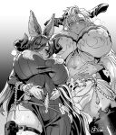  2girls animal_ears bangs bare_shoulders blush breasts cleavage dark-skinned_female dark_skin detached_sleeves dragon_horns dress extra_ears fediel_(granblue_fantasy) galleon_(granblue_fantasy) granblue_fantasy greyscale highres horns huge_breasts long_hair long_sleeves looking_at_viewer monochrome multiple_girls navel obui open_mouth pelvic_curtain pointy_ears sweat thigh_strap thighhighs thighs wide_sleeves 