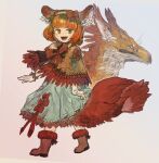  1girl :d animal_ear_fluff animal_ears ankle_boots aokarasu_punko boots bow bow_hairband bowtie brown_background brown_capelet brown_footwear brown_hairband capelet commentary_request dress dress_bow dual_persona full_body fur-trimmed_footwear fur_trim green_dress griffin hair_ornament hairband lace-trimmed_dress lace_trim leaf_hair_ornament looking_at_viewer open_mouth orange_hair original red_bow red_bowtie short_hair simple_background smile standing tail wristlet yellow_eyes 