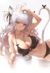  1girl animal_ear_fluff animal_ears antenna_hair arm_up bikini black_bikini black_bow bow breasts cat_ears cat_girl cat_tail closed_mouth commentary elbow_rest english_commentary frilled_bikini frills grey_eyes grey_hair hair_bow halterneck highres large_breasts light_blush long_hair looking_at_viewer lying navel on_side original sidelighting simple_background smile solo stomach swimsuit tail tail_bow tail_ornament tail_raised two_side_up very_long_hair white_background yuho_kim 