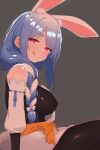  1girl :q absurdres animal_ear_fluff animal_ears apron bare_shoulders black_bodysuit blue_hair blush bodysuit bodysuit_under_clothes braid breasts detached_sleeves highres hololive large_breasts licking_lips long_hair looking_at_viewer mature_female mingkozus multicolored_hair pekomama rabbit_ears rabbit_girl red_eyes short_eyebrows sideboob smile solo tail thick_eyebrows tongue tongue_out two-tone_hair virtual_youtuber white_apron white_hair 