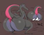 absurd_res amphibian anthro bellyboi13 big_butt butt butt_squish crouching duo facesitting generation_7_pokemon hi_res huge_butt huge_thighs hyper looking_back male male/male nintendo pokemon pokemon_(species) salamander salazzle scalie simple_background sitting_on_another smug_face squish thick_thighs