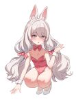  1girl absurdres animal_ear_fluff animal_ears aningay bare_shoulders bow copyright_request covered_navel full_body grey_eyes grey_hair hair_bow high_heels highres leotard long_hair looking_at_viewer low_twintails parted_lips pink_bow pink_leotard playboy_bunny rabbit_ears shoes simple_background solo squatting strapless strapless_leotard twintails very_long_hair white_background white_footwear wrist_cuffs 