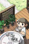  1girl absurdres bread bread_slice collared_shirt cup egg_(food) food fork from_above grass grey_hair highres holding holding_food knife mo_ma_shima mug original plant ponytail porch potted_plant reflection sausage shirt sleeves_rolled_up solo table toast tongue tongue_out white_shirt 
