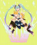  1boy 2girls black_leg_warmers black_shorts black_thighhighs blonde_hair blue_hair blue_nails blue_necktie closed_eyes collared_shirt commentary_request facing_viewer green_background grey_shirt grin hair_ornament hairclip happy_birthday hatsune_miku headband headset jumping kagamine_len kagamine_rin long_hair looking_at_viewer memi_(gamemix) multiple_girls necktie number_tattoo open_mouth pleated_skirt shirt short_hair short_ponytail short_sleeves shorts skirt smile tattoo thighhighs very_long_hair vocaloid white_footwear white_headband white_shirt yellow_necktie 