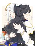  2girls ? black_hair capelet chain chinese_commentary closed_eyes closed_mouth commentary_request crescent facing_viewer hair_intakes hands_on_another&#039;s_back hao02909434040 hat highres hug kiratto_pri_chan long_hair long_sleeves luluna_(pri_chan) mini_hat multiple_girls open_mouth pretty_series profile puffy_long_sleeves puffy_sleeves siblings sisters smile solulu sweatdrop twins upper_body wavy_hair white_capelet white_hair yellow_eyes 