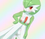  areola breasts bunnag female gardevoir genitals gradient_background hand_on_hip looking_at_viewer navel nintendo nipples pok&eacute;mon pok&eacute;mon_(species) pussy red_eyes simple_background solo standing video_games 