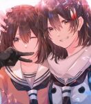  2girls bangs black_gloves black_neckerchief brown_eyes brown_hair dual_persona eyebrows_visible_through_hair gloves grin hair_between_eyes hair_ornament hand_on_another&#039;s_head kantai_collection looking_at_viewer multiple_girls neckerchief one_eye_closed rinto_(rint_rnt) sailor_collar scarf school_uniform sendai_(kancolle) sendai_kai_ni_(kancolle) serafuku simple_background smile two_side_up upper_body v white_scarf 
