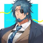  1boy bara beard blue_hair character_request chest_harness closed_eyes eyepatch facial_hair facing_ahead full_beard hagiography harness highres live_a_hero male_focus mature_male mismatched_eyebrows muscular muscular_male necktie scar scar_across_eye solo suit thick_beard thick_eyebrows upper_body 