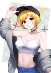  1girl absurdres bare_shoulders baseball_cap black_choker black_hat blonde_hair blue_pants breasts camisole choker crop_top grey_jacket grin hat highres hololive hololive_indonesia jacket kaela_kovalskia looking_at_viewer medium_breasts navel off_shoulder open_clothes open_jacket pants pink_nails radi_(pixiv_88192217) red_eyes ribbed_camisole short_hair smile solo stomach white_camisole 