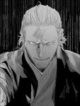  1boy akane-banashi arakawa_taizen black_background greyscale highres japanese_clothes kimono looking_at_viewer mature_male monochrome smile solo souki1203 upper_body 