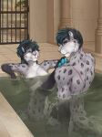 anthro bath bathing blue_eyes blush breasts duo felid female frost_(sftsl) fur genitals gerdeer green_hair hair hi_res highlights_(coloring) incest_(lore) intraspecies male male/female mammal markings nipples nude pantherine partially_submerged pussy scar snow_leopard snowflake_(sftsl) spots spotted_body spotted_fur water
