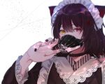  1girl animal_ears apron black_collar black_nails collar dog_ears dog_girl frills hair_between_eyes hair_ornament heterochromia inui_toko long_sleeves looking_at_viewer maid_headdress nail_polish nijisanji open_mouth red_eyes rinto_(rint_rnt) simple_background solo upper_body virtual_youtuber wa_maid white_apron yellow_eyes 