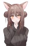  1girl animal_ear_fluff animal_ears black_sweater blush breasts brown_eyes brown_hair cat_ears double_bun facial_mark final_fantasy final_fantasy_xiv hair_between_eyes hair_bun hand_up highres kinona long_sleeves looking_at_viewer medium_breasts miqo&#039;te parted_lips ribbed_sweater simple_background sleeves_past_wrists solo sweater turtleneck turtleneck_sweater upper_body warrior_of_light_(ff14) whisker_markings white_background 